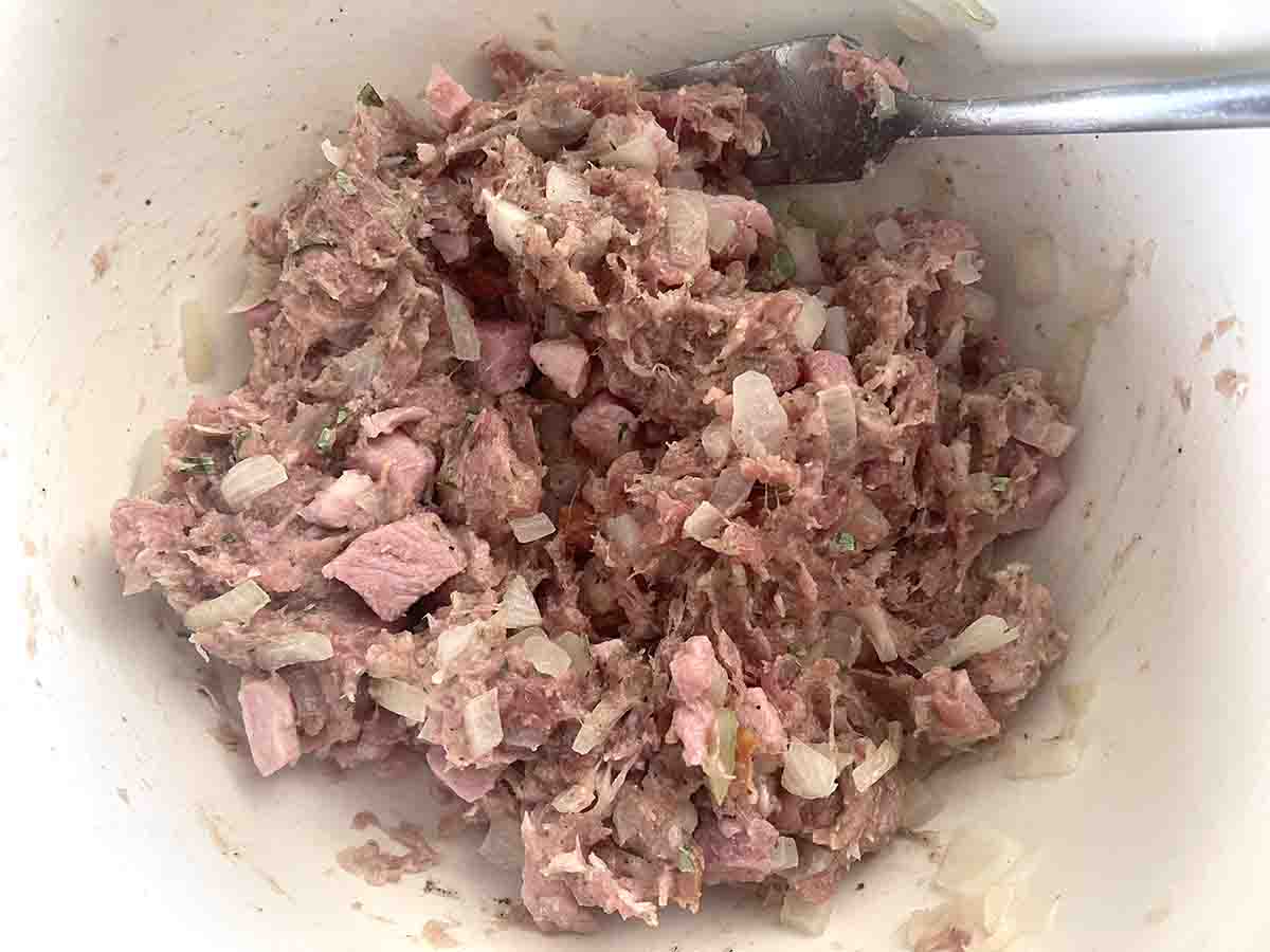 sausage meat filling in a bowl.
