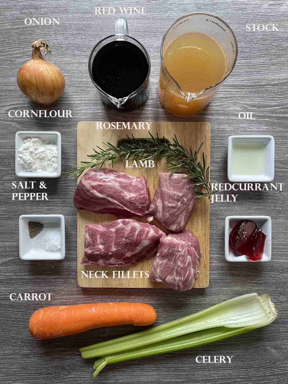 ingredients including lamb neck, carrots, celery and red wine.