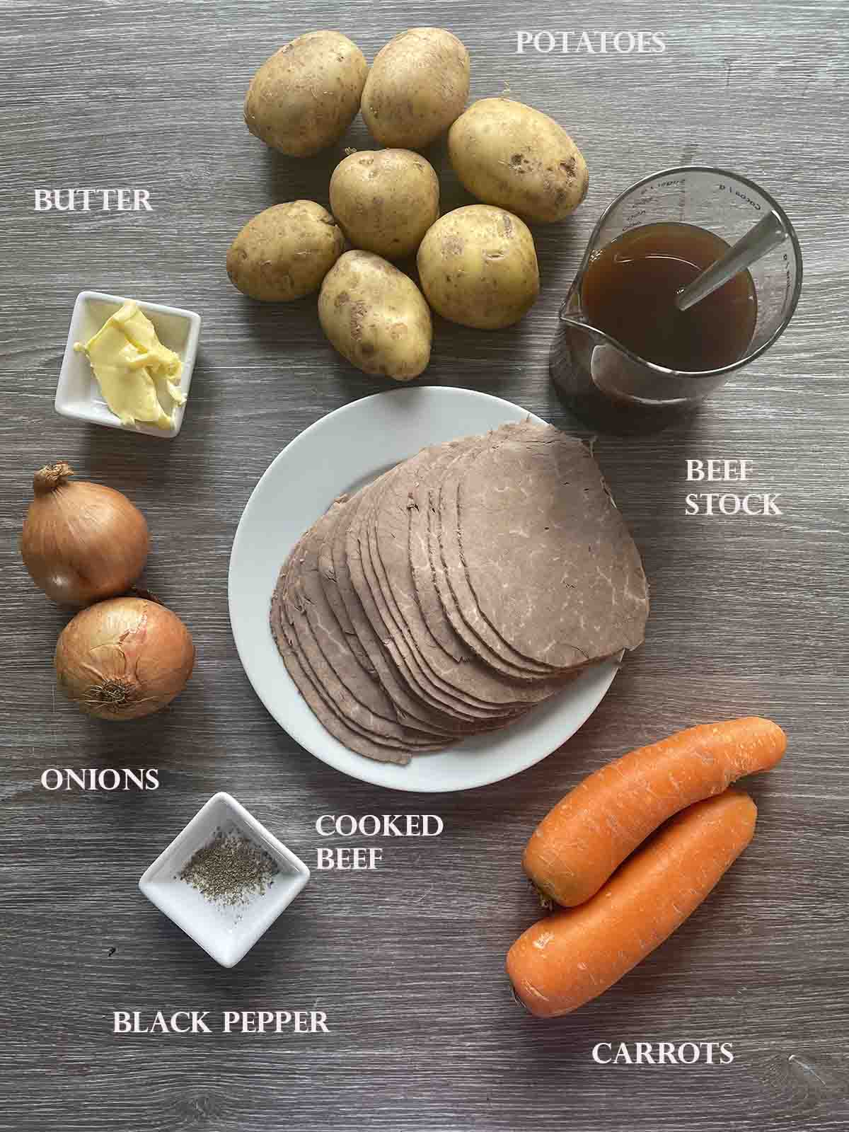 ingredients including roast beef, potatoes and carrots.