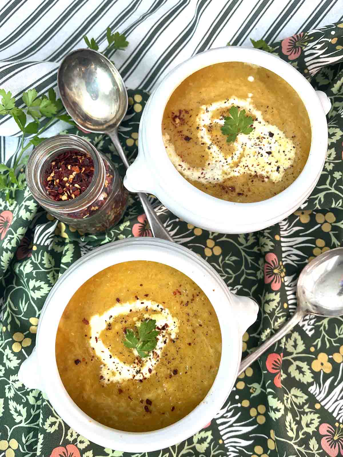 bowls of carrot and lentil soup.