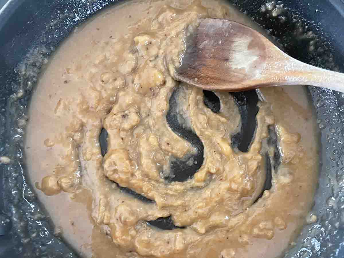 brown sauce in a pan.