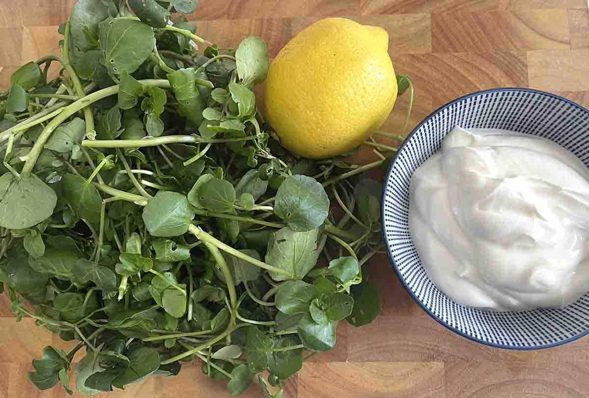 watercress, a  lemo and creme fraiche in a bowl on a wooden board.n