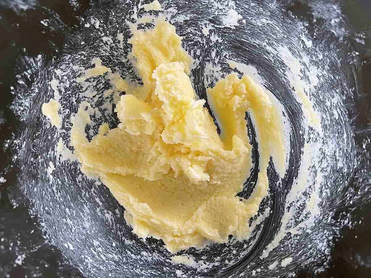 creamed butter and sugar in a bowl.