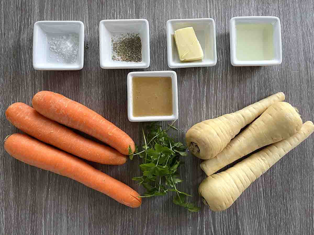 ingredients including carrots, parsnips, honey, oil, butter, parsley and seasoning.