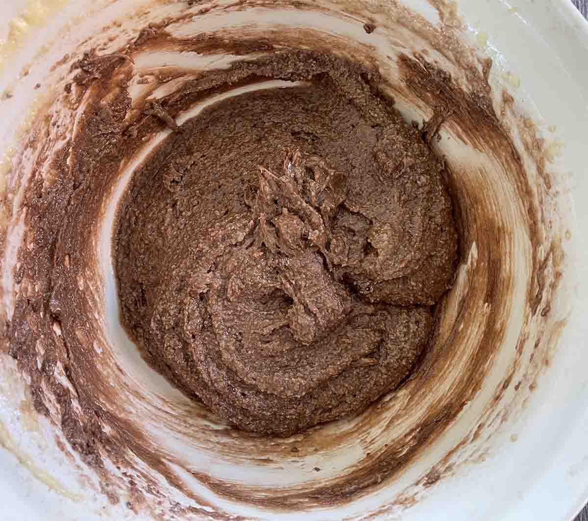 flour and cocoa folded into mixture.