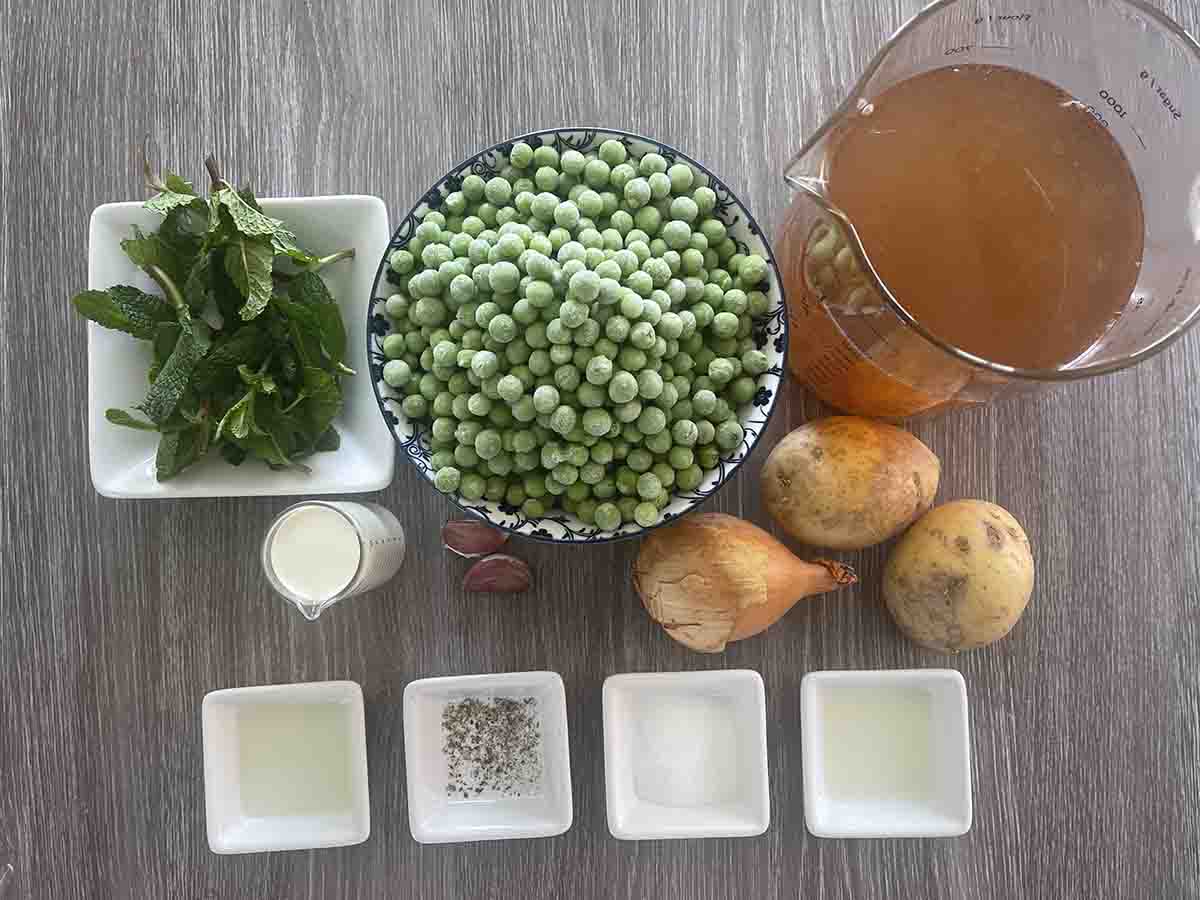 ingredeints including frozen peas, stock, mint, onion, potato and seasonings.