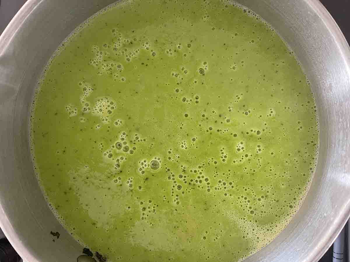 blended soup in the saucepan.