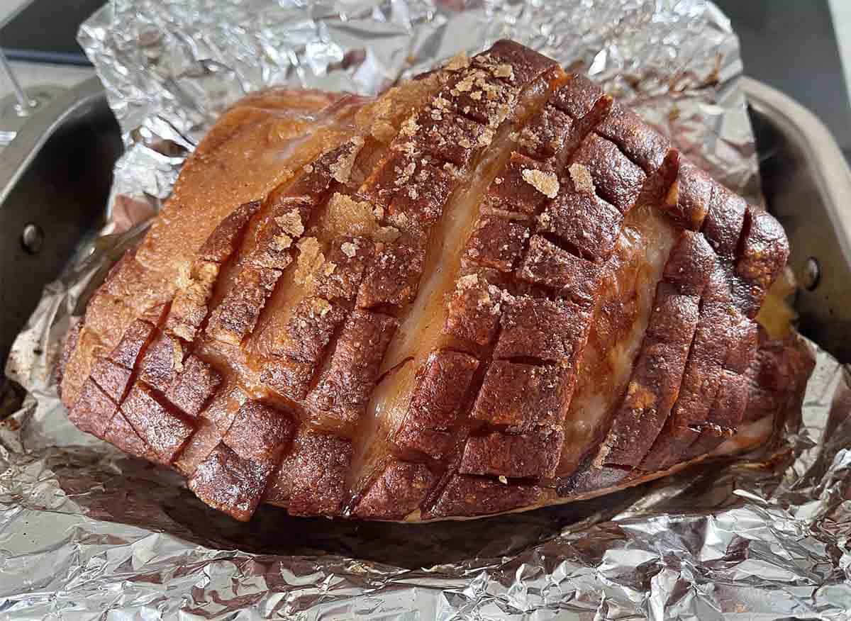 cooked gammon on foil.