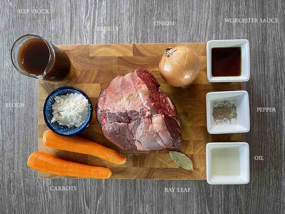ingredients including brisket, carrots, onions and stock.