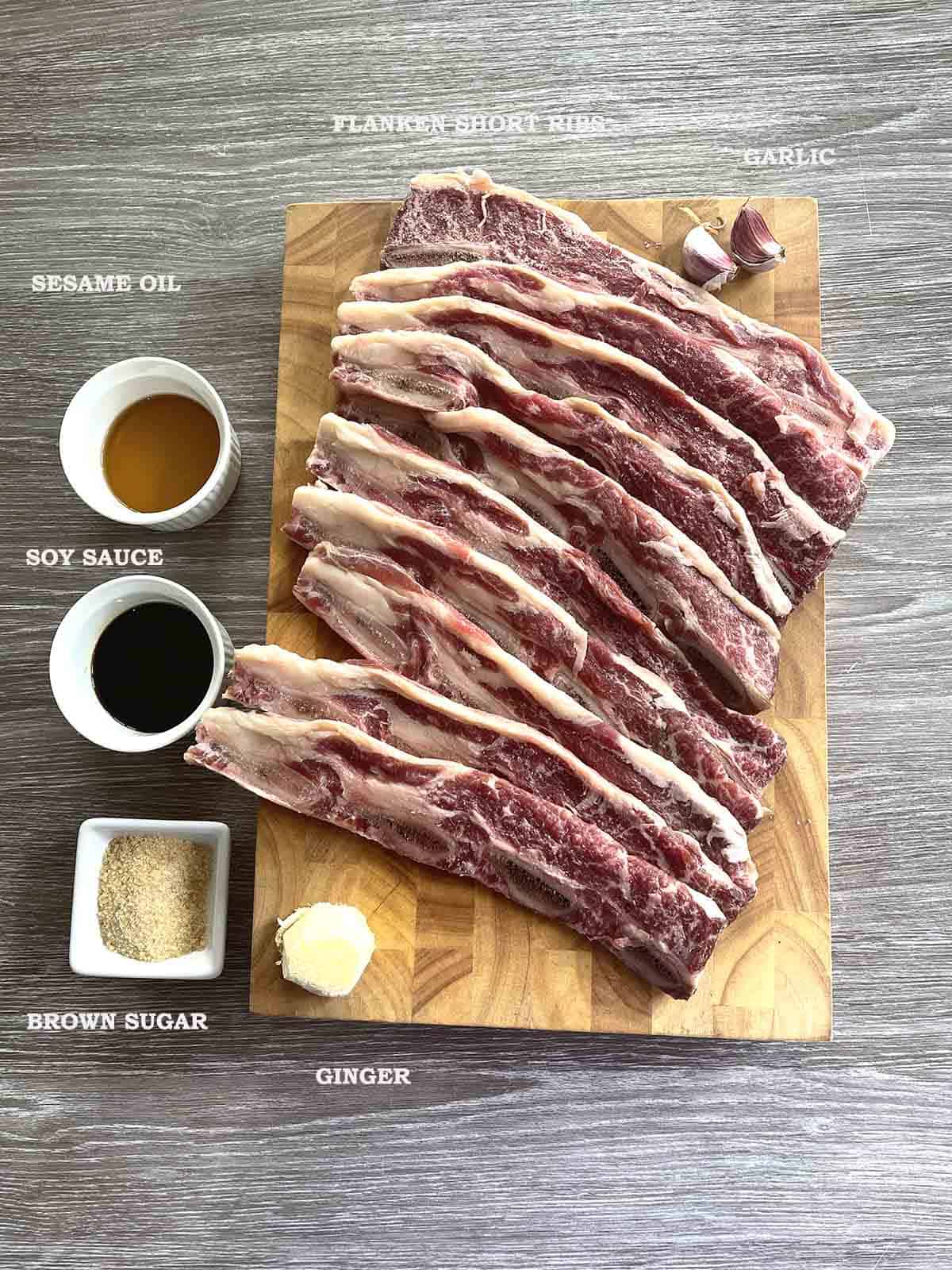 ingredients including beef flanken ribs, soy sauce, sesame oil, sugar and garlic and ginger.