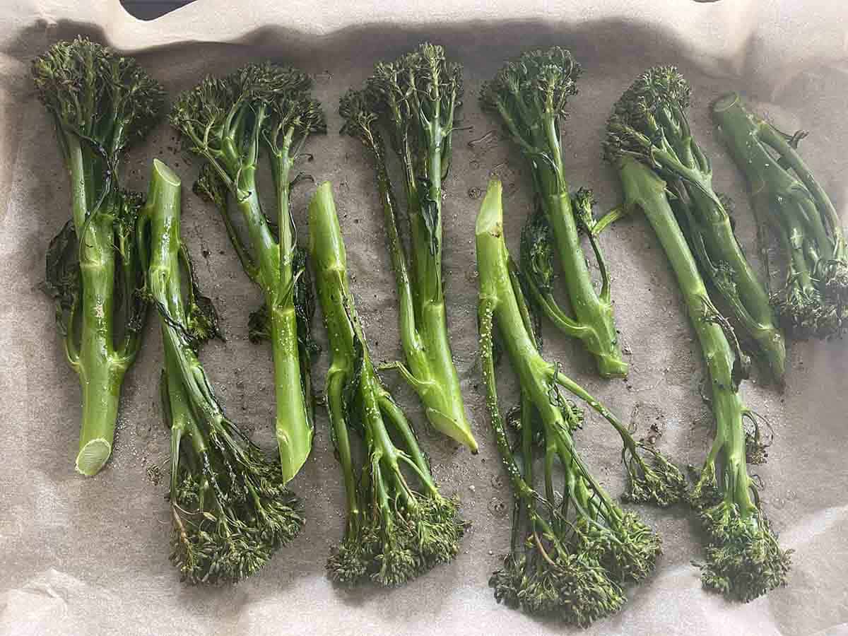 broccoli on a roasting tray.