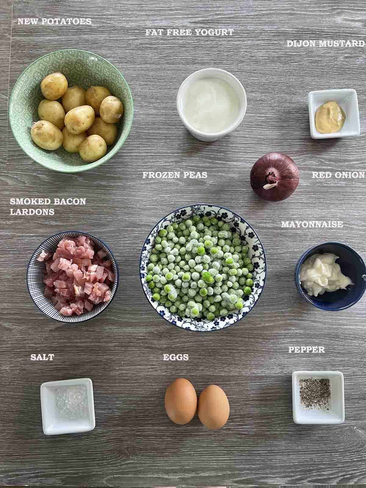 ingredients including peas, potatoes, bacon and mayonnaise.