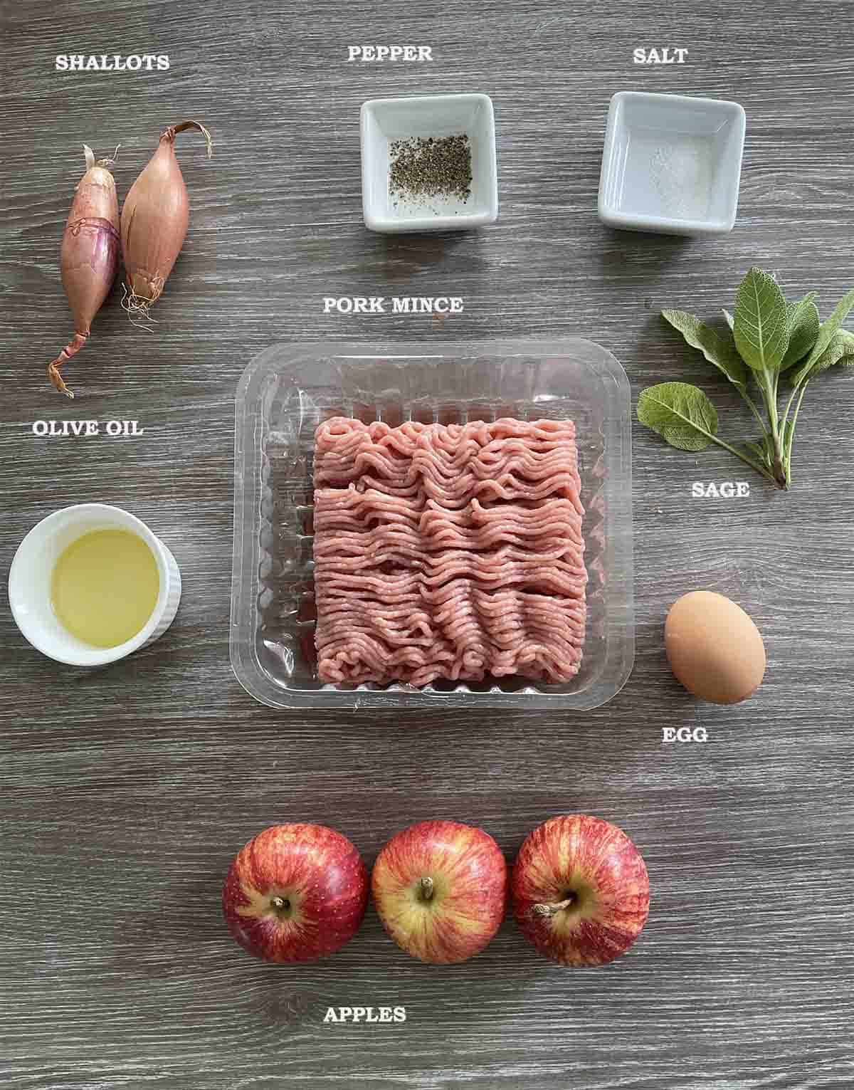 ingredients including pork mince, sage, apples and onion.