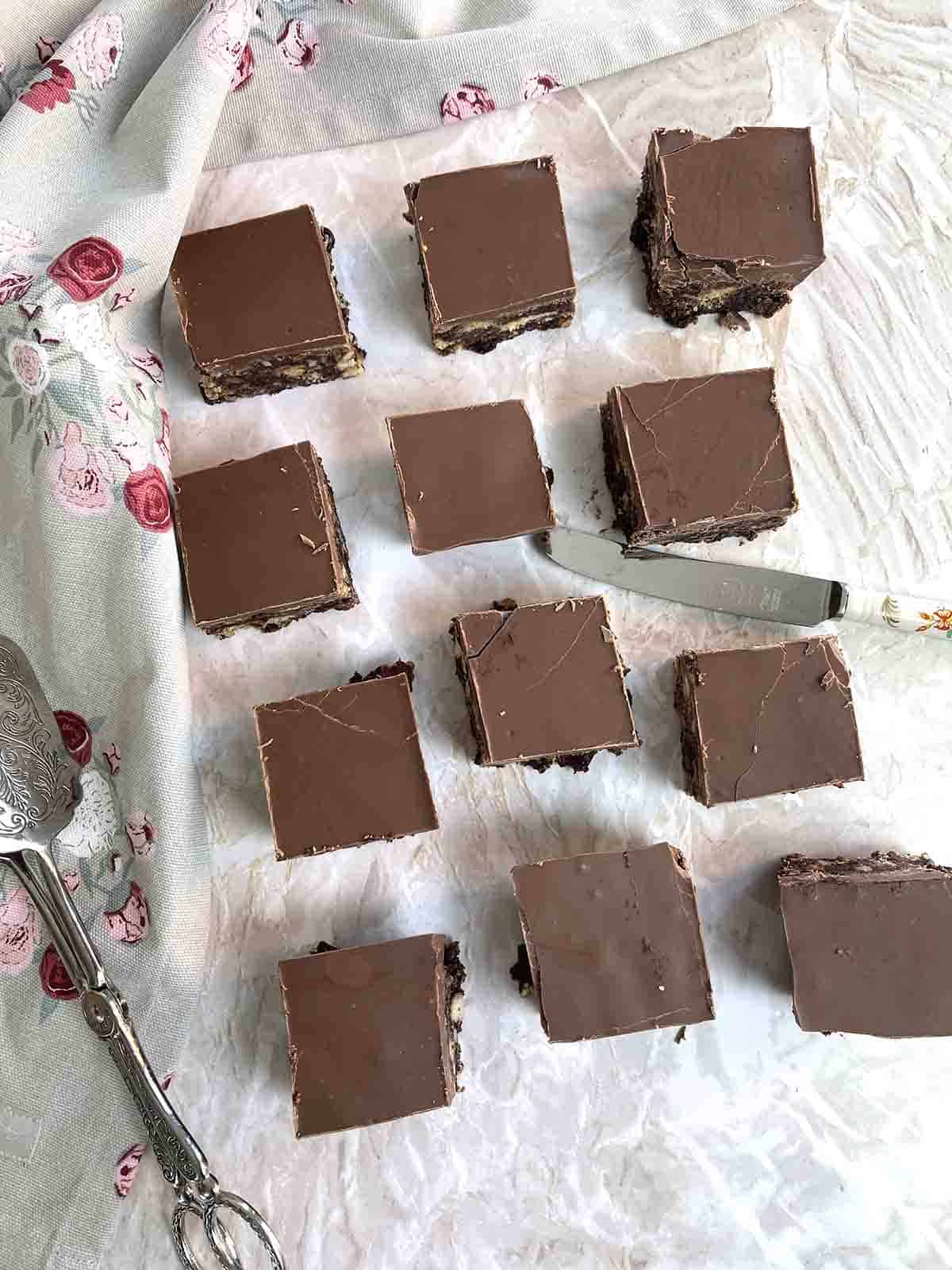 chocolate tiffin cut into squares.