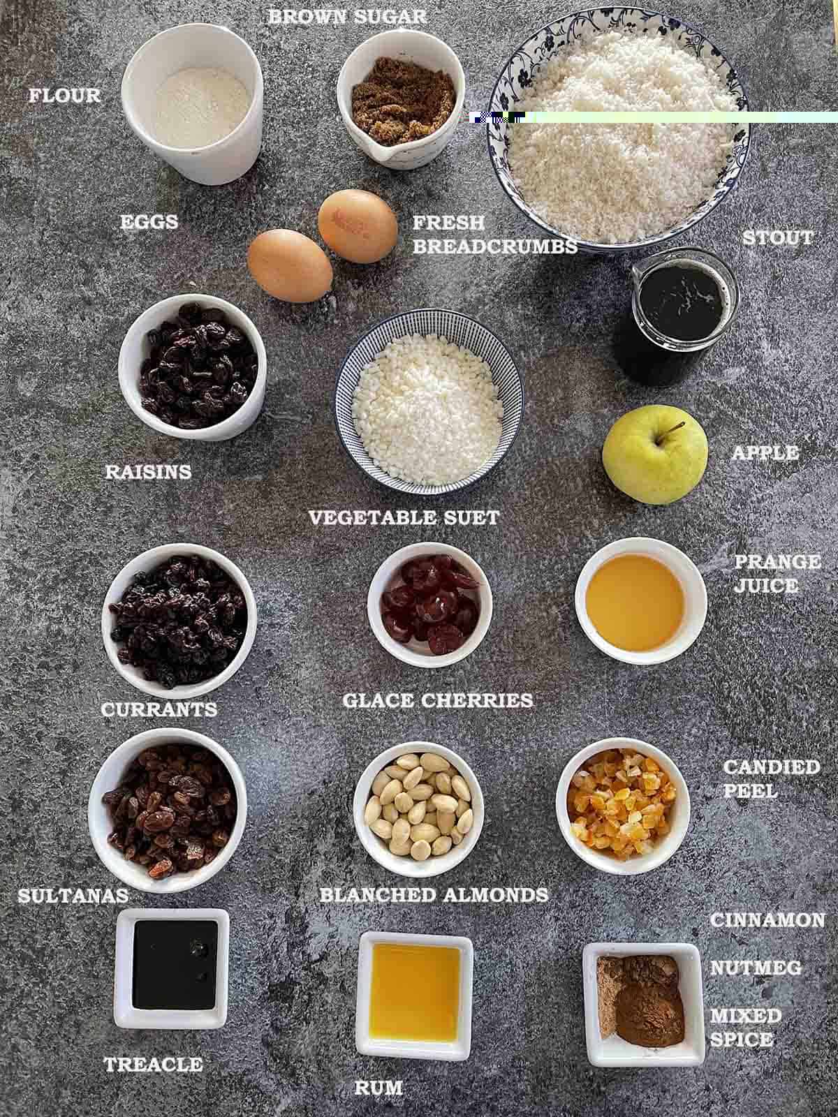 ingredients including dried fruit, egg,s flour, suet and breadcrumbs.