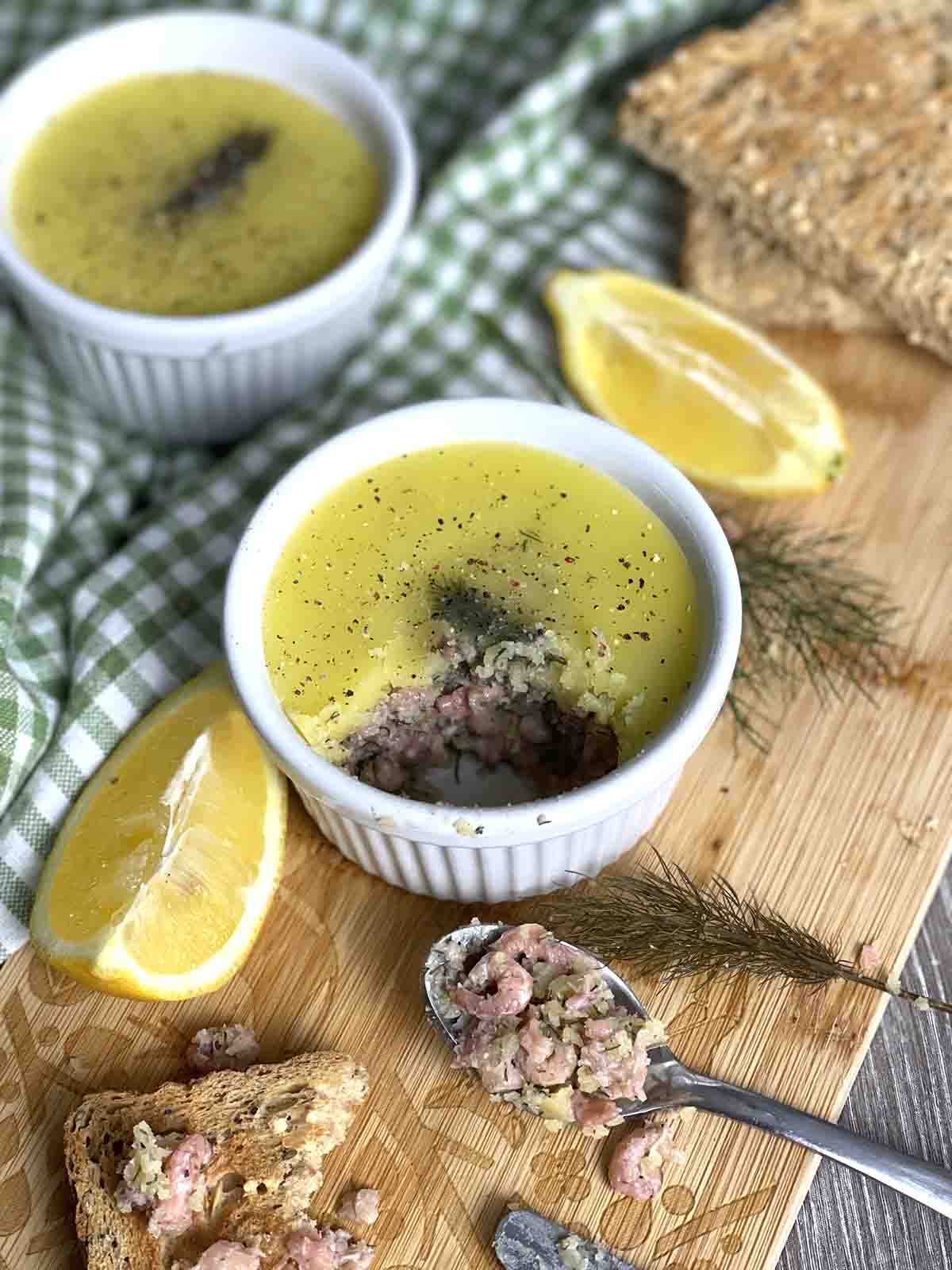 potted shrimos with toast on the side.