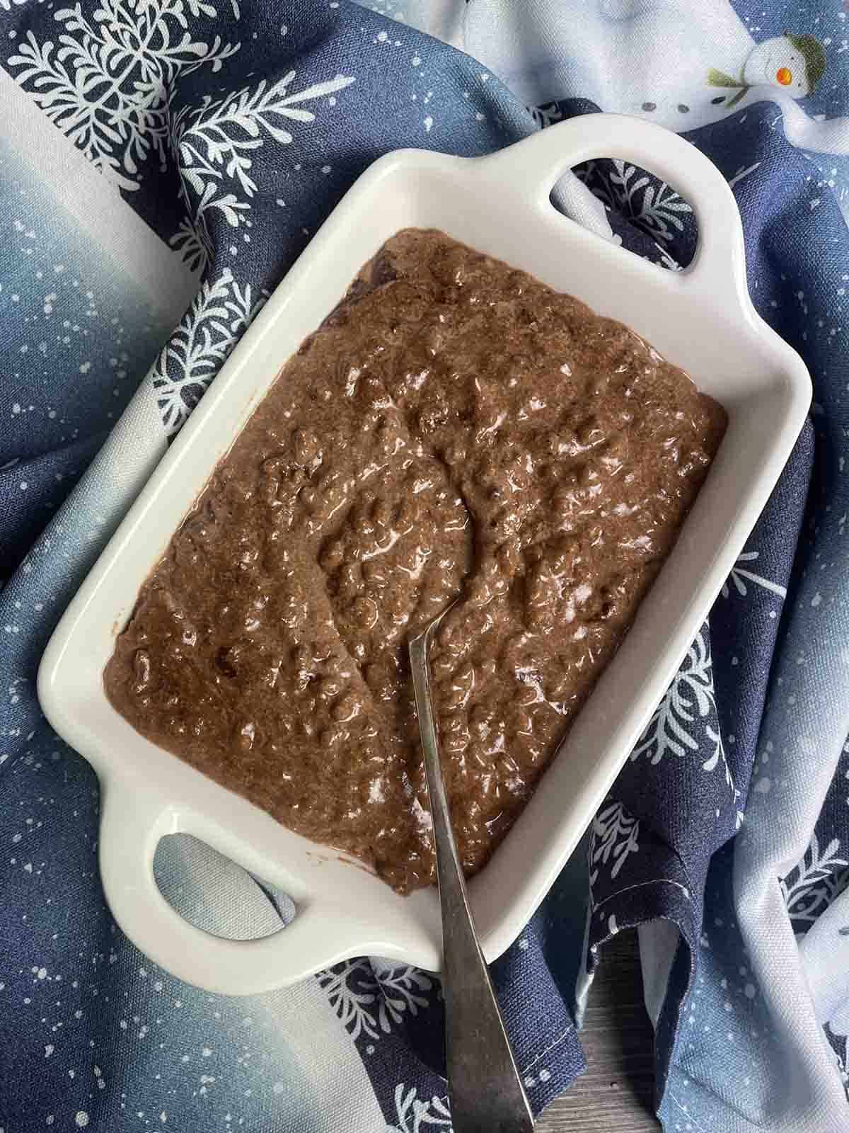 chocolate rice pudding in a dish.