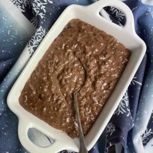 chocolate rice pudding in a dish.