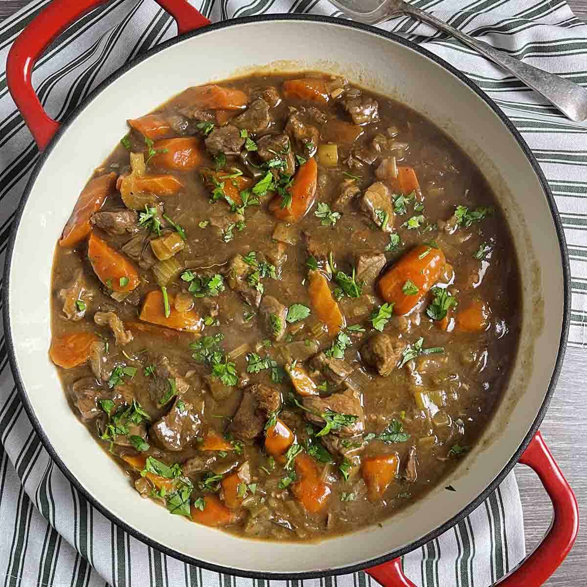 slow cooker beef and ale stew in a dish.