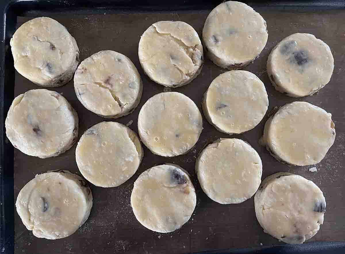 scones cut on a baking sheet.
