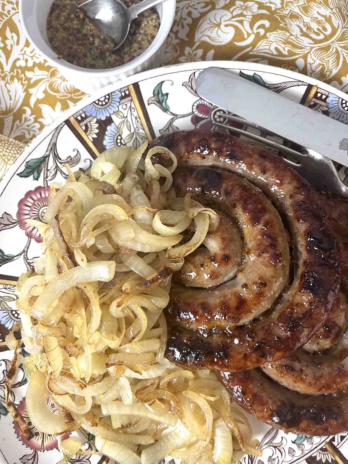 cumberland sausage ring with caramelised onions.