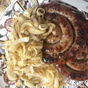 cumberland sausage ring with caramelised onions.
