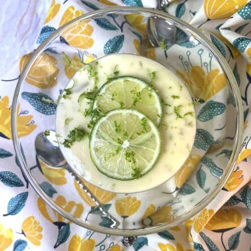 lime posset in a glass dish.