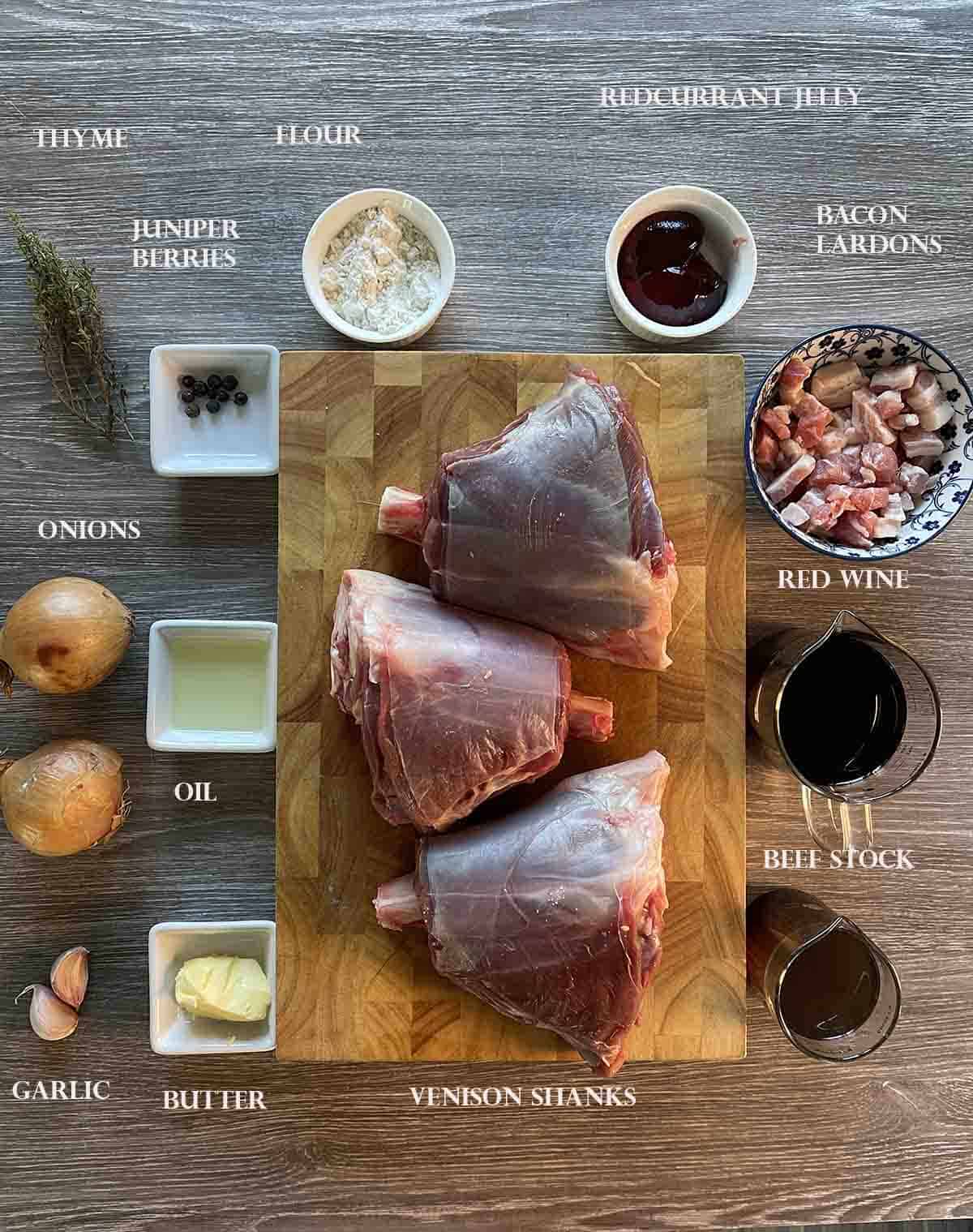ingredients, including venison shanks, red wine, onions and stock.