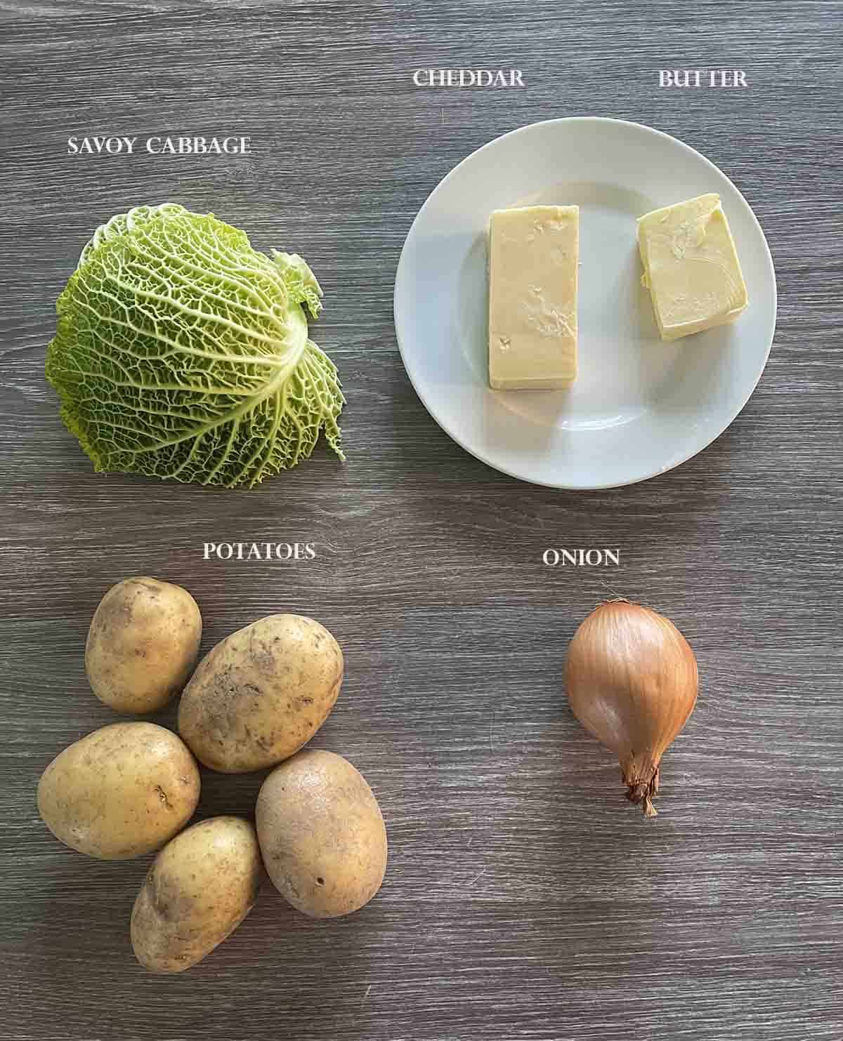 ingredeints including cabbage onion and potatoes.