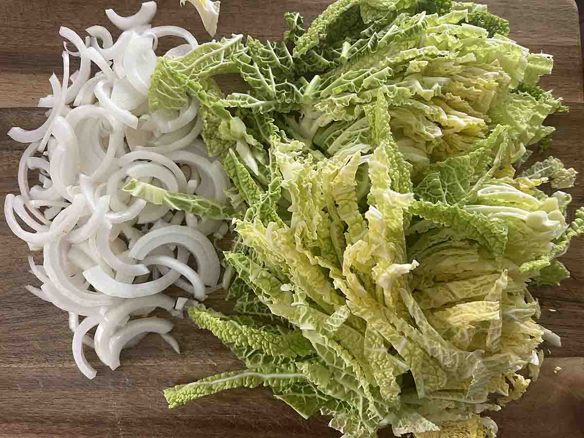 sliced onions and cabbage.