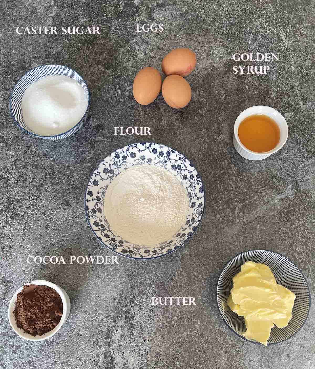 ingredients including cocoa, butter, eggs, sugar and flour.