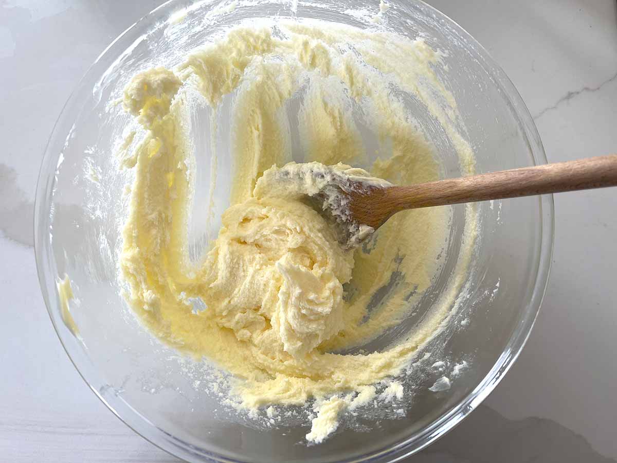 butter and sugar creamed in a bowl.
