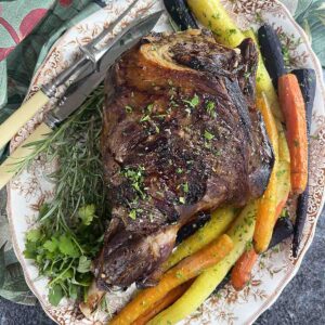 roast mutton on a serving plate.