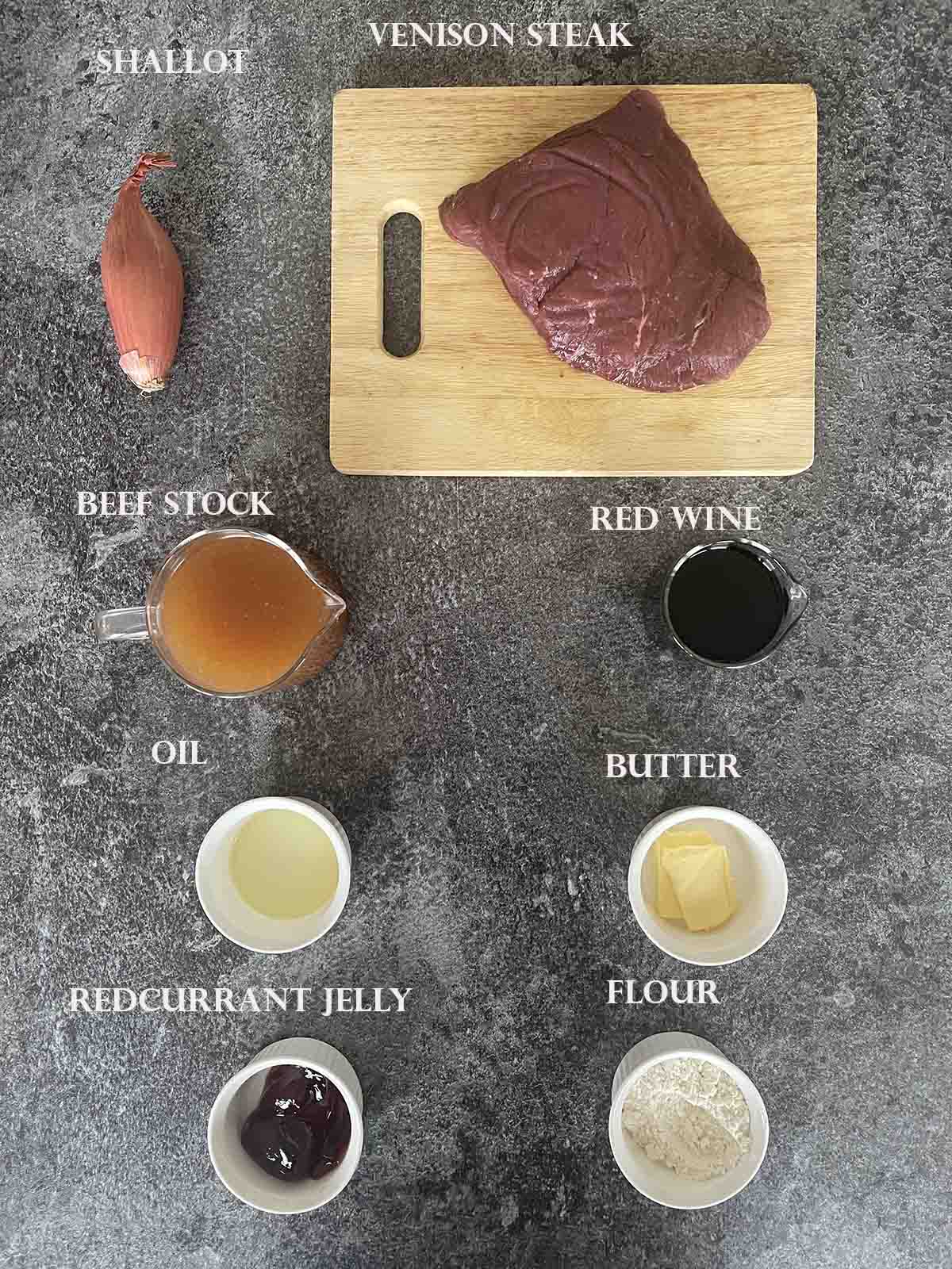 ingredients including venison steak red wine and redcurrant jelly.