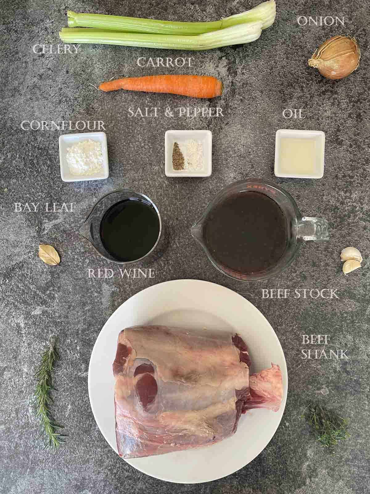 ingredients including beef shin, wine, stock and vegetables.